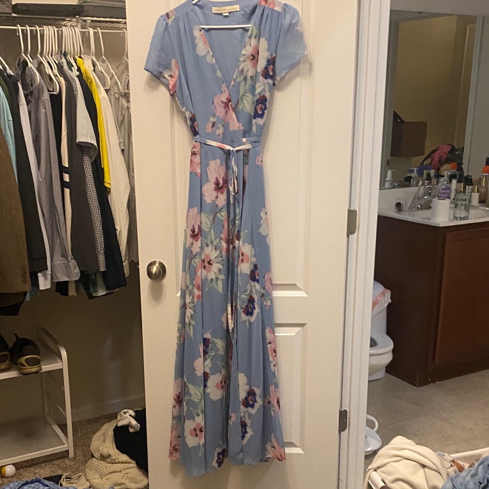 Anthropologie Light Blue Floral Maxi Dress